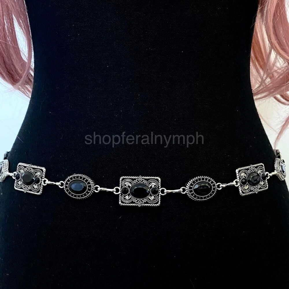 Silver Y2K Black Jewel Whimsygoth Waist Chain Belt, Fits 26-38 Inches, X7GA1431